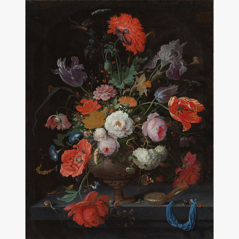 Stilleven met bloemen en horloge Abraham Mignon